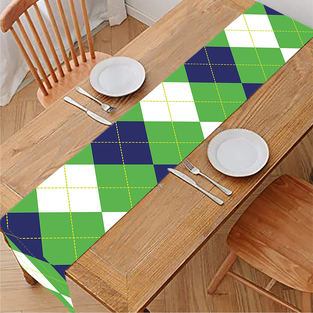 White Navy And Green Argyle Print Table Runner