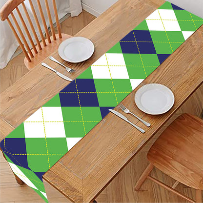 White Navy And Green Argyle Print Table Runner