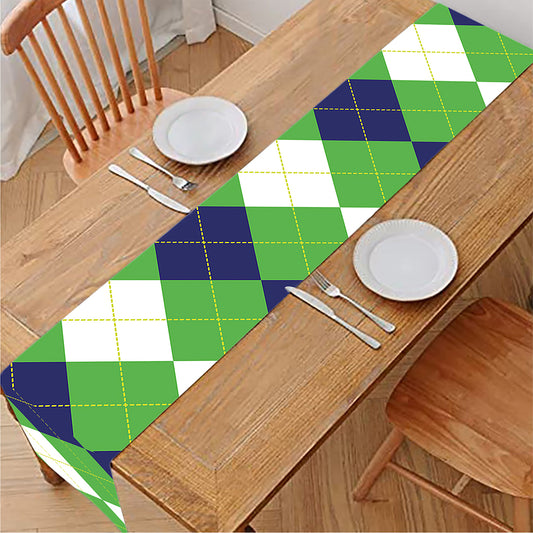 White Navy And Green Argyle Print Table Runner