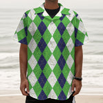 White Navy And Green Argyle Print Textured Short Sleeve Shirt