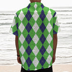 White Navy And Green Argyle Print Textured Short Sleeve Shirt