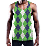 White Navy And Green Argyle Print Training Tank Top