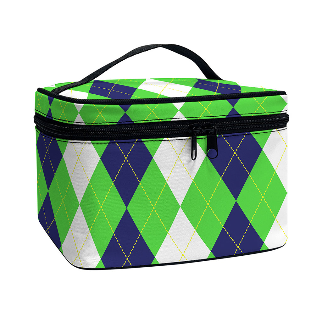 White Navy And Green Argyle Print Travel Makeup Bag