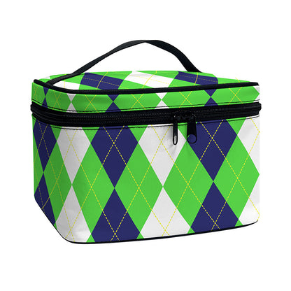 White Navy And Green Argyle Print Travel Makeup Bag