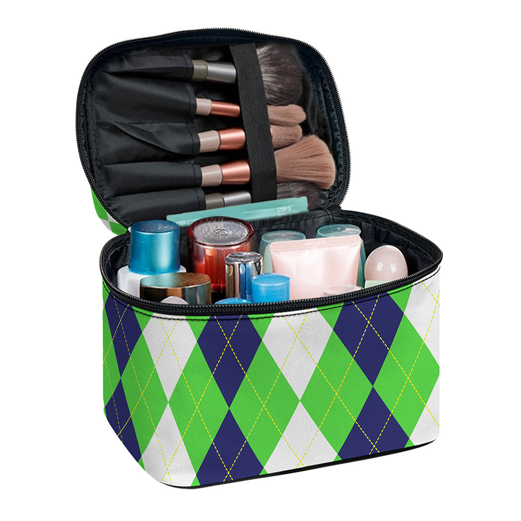 White Navy And Green Argyle Print Travel Makeup Bag