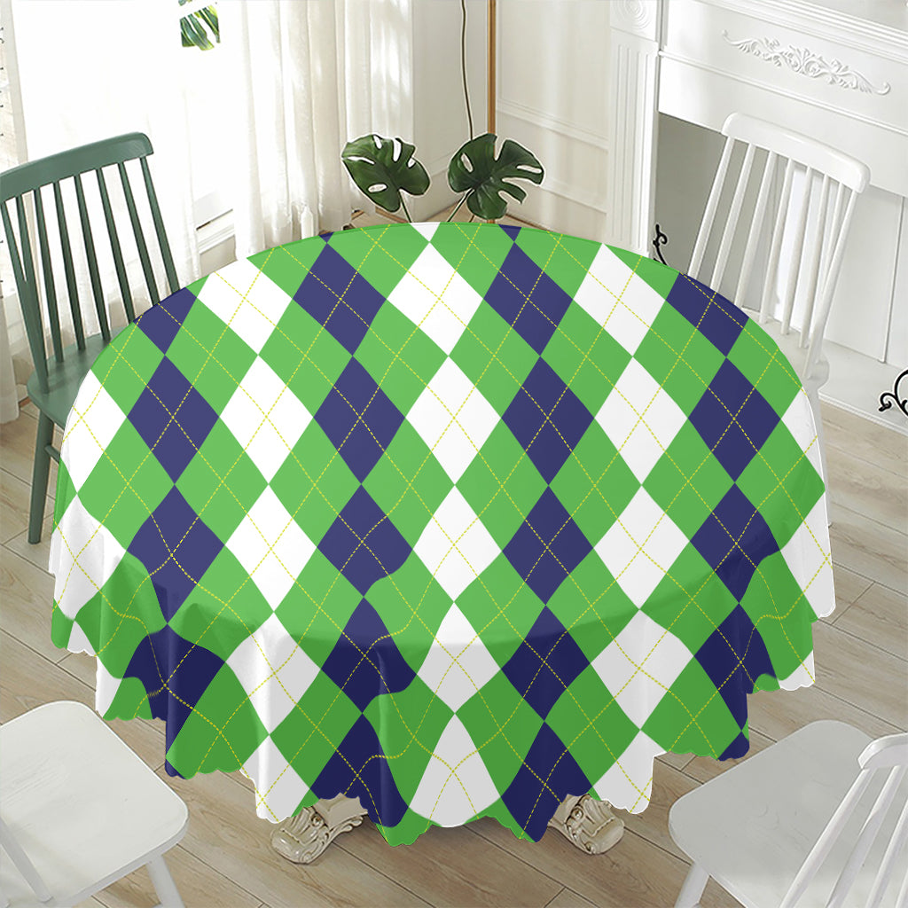 White Navy And Green Argyle Print Waterproof Round Tablecloth