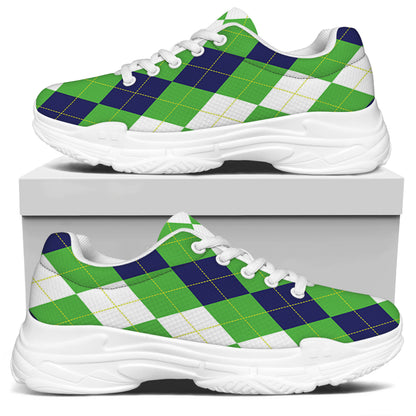 White Navy And Green Argyle Print White Chunky Shoes