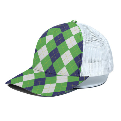 White Navy And Green Argyle Print White Mesh Trucker Cap