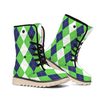 White Navy And Green Argyle Print Winter Boots