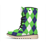 White Navy And Green Argyle Print Winter Boots