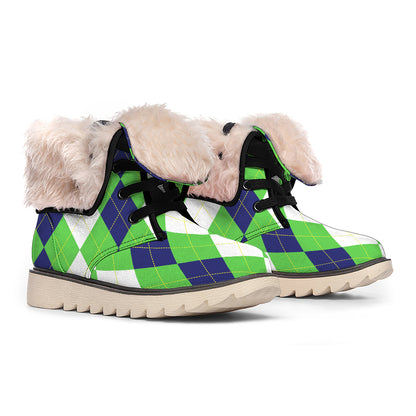 White Navy And Green Argyle Print Winter Boots