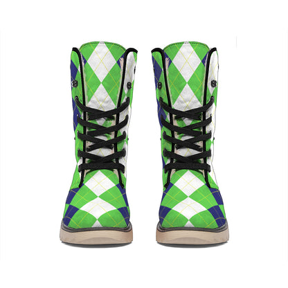White Navy And Green Argyle Print Winter Boots