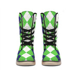 White Navy And Green Argyle Print Winter Boots