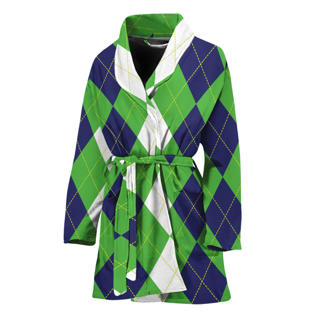White Navy And Green Argyle Print Women's Bathrobe