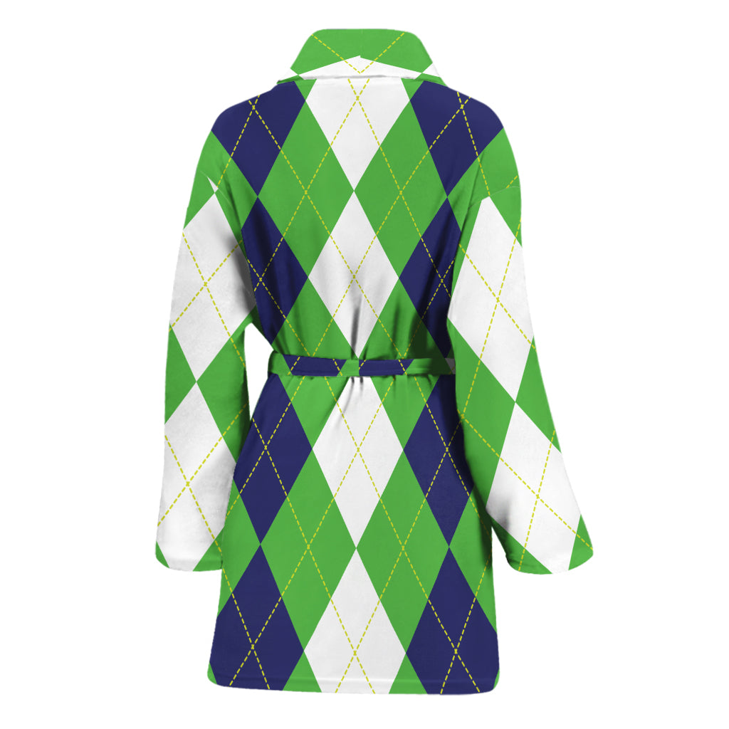 White Navy And Green Argyle Print Women's Bathrobe