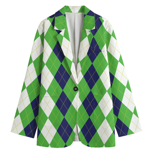 White Navy And Green Argyle Print Women's Blazer