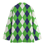 White Navy And Green Argyle Print Women's Blazer