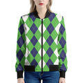 White Navy And Green Argyle Print Women's Bomber Jacket