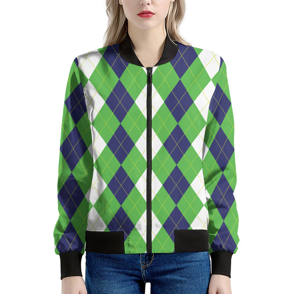 White Navy And Green Argyle Print Women's Bomber Jacket