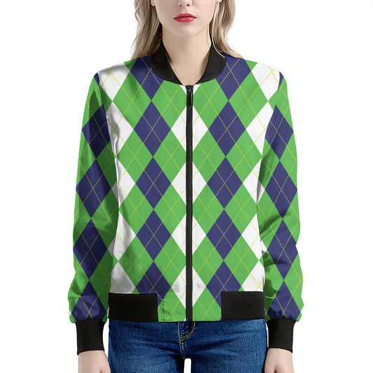 White Navy And Green Argyle Print Women's Bomber Jacket