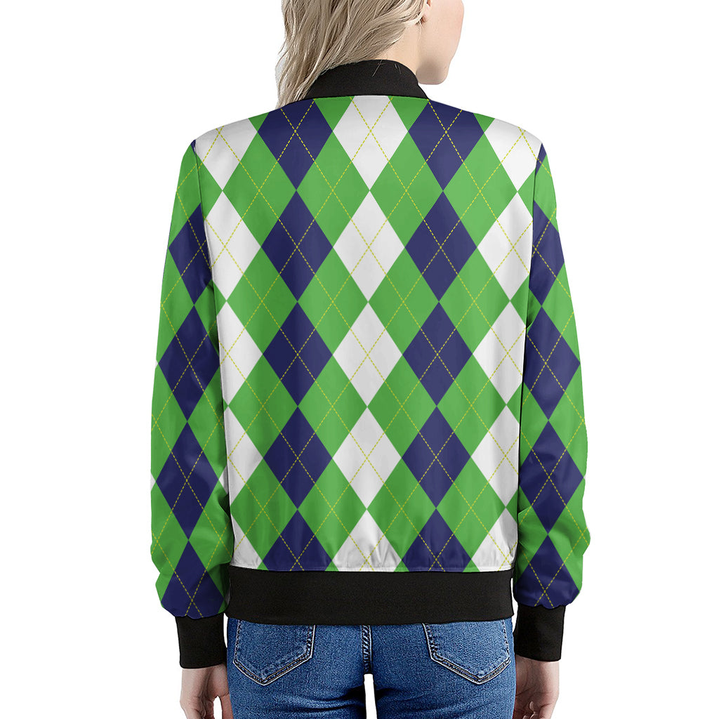 White Navy And Green Argyle Print Women's Bomber Jacket