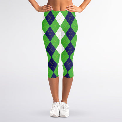 White Navy And Green Argyle Print Women's Capri Leggings