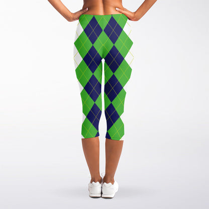 White Navy And Green Argyle Print Women's Capri Leggings