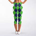 White Navy And Green Argyle Print Women's Capri Leggings