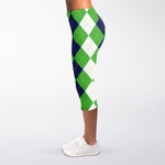 White Navy And Green Argyle Print Women's Capri Leggings