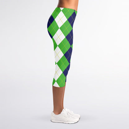 White Navy And Green Argyle Print Women's Capri Leggings