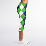 White Navy And Green Argyle Print Women's Capri Leggings