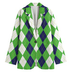 White Navy And Green Argyle Print Women's Cotton Blazer