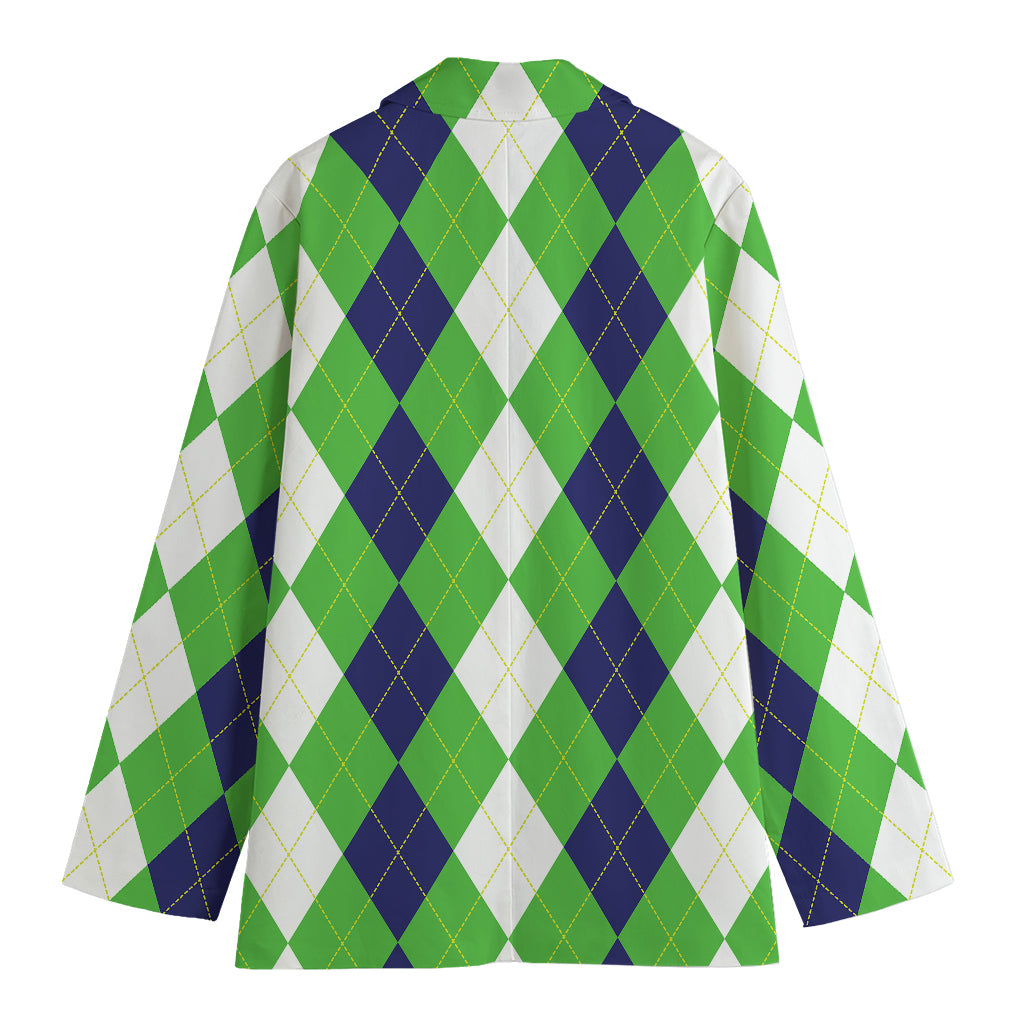 White Navy And Green Argyle Print Women's Cotton Blazer