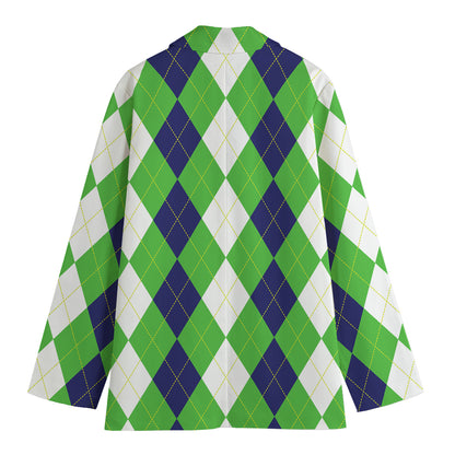 White Navy And Green Argyle Print Women's Cotton Blazer