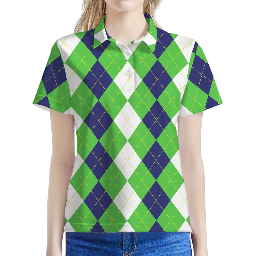 White Navy And Green Argyle Print Women's Polo Shirt