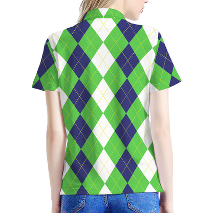 White Navy And Green Argyle Print Women's Polo Shirt