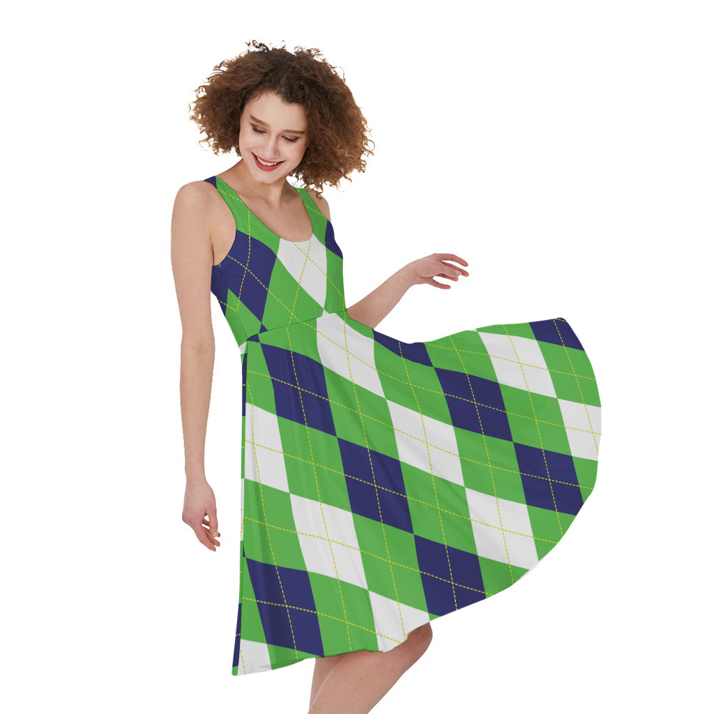 White Navy And Green Argyle Print Women's Sleeveless Dress