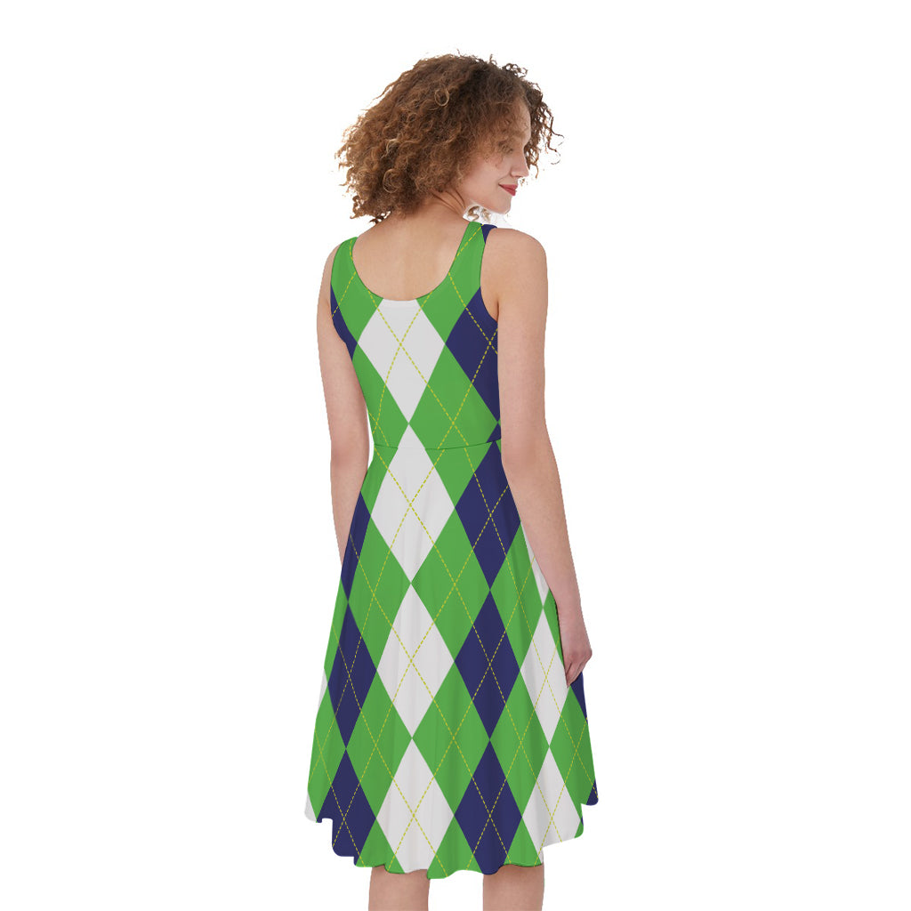 White Navy And Green Argyle Print Women's Sleeveless Dress