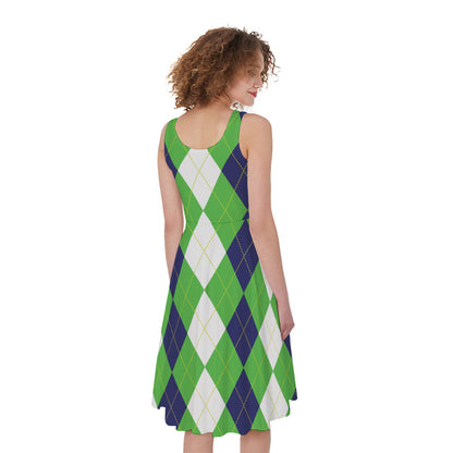 White Navy And Green Argyle Print Women's Sleeveless Dress