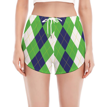 White Navy And Green Argyle Print Women's Split Running Shorts