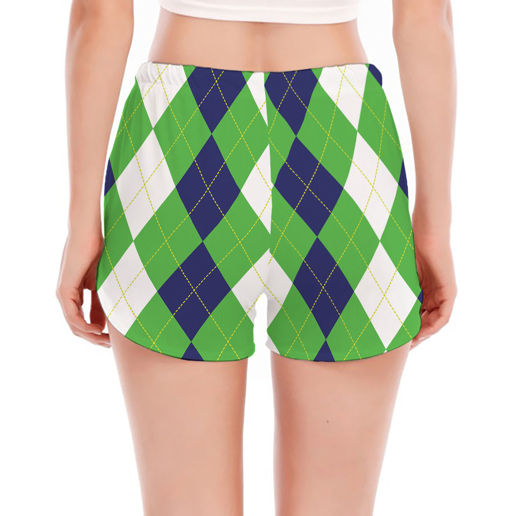 White Navy And Green Argyle Print Women's Split Running Shorts