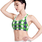 White Navy And Green Argyle Print Women's Sports Bra