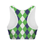White Navy And Green Argyle Print Women's Sports Bra