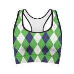 White Navy And Green Argyle Print Women's Sports Bra