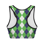 White Navy And Green Argyle Print Women's Sports Bra