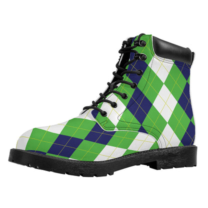 White Navy And Green Argyle Print Work Boots