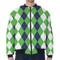 White Navy And Green Argyle Print Zip Sleeve Bomber Jacket