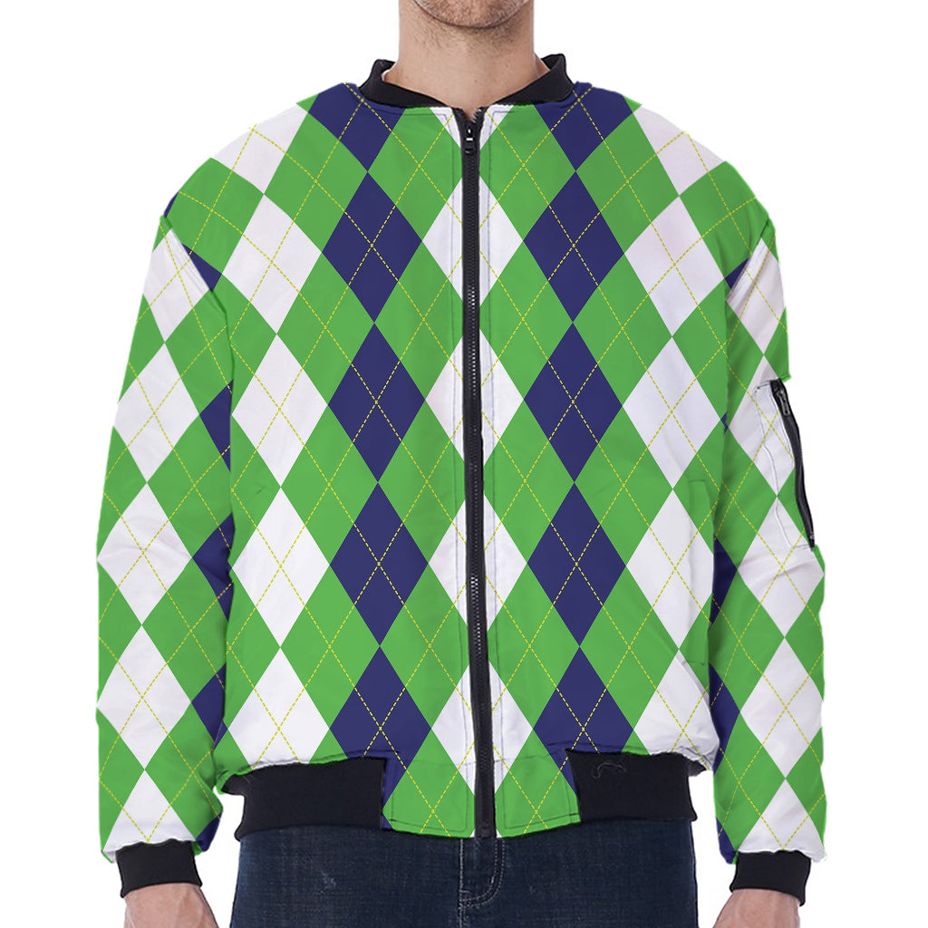 White Navy And Green Argyle Print Zip Sleeve Bomber Jacket