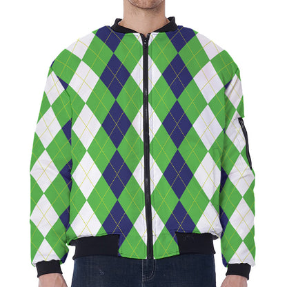 White Navy And Green Argyle Print Zip Sleeve Bomber Jacket