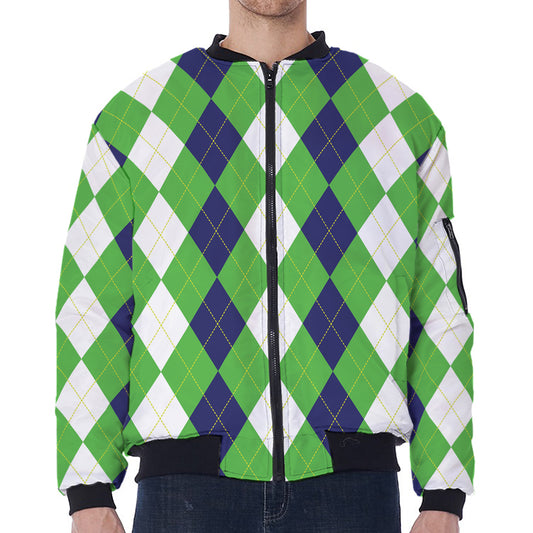 White Navy And Green Argyle Print Zip Sleeve Bomber Jacket